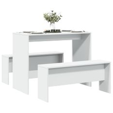 Ensemble table à manger et bancs 3pcs blanc bois d'ingénierie