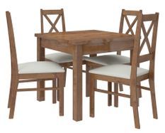 Ensemble table carrée 80/80 cm et 4 chaises en bois marron et tissu beige clair Opka