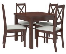 Ensemble table carrée 80/80 cm et 4 chaises en bois Noyer foncé et tissu beige clair Opka