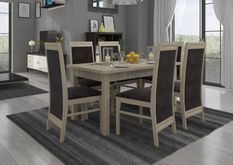 Ensemble table extensible 140/180 cm et 6 chaises en bois clair sonoma et tissu gris foncé Komba