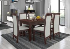 Ensemble table extensible 140/180 cm et 6 chaises bois Noyer foncé et beige clair Komba