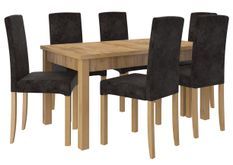 Ensemble table extensible 140/180 cm et 6 chaises en bois clair de hêtre et tissu gris foncé Zakria