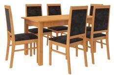 Ensemble table extensible 140/180 cm et 6 chaises en bois clair de hêtre et tissu noir Klarika