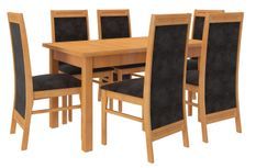 Ensemble table extensible 140/180 cm et 6 chaises en bois clair de hêtre et tissu noir Komba