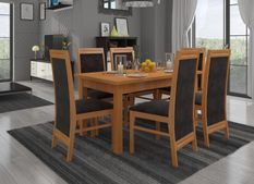 Ensemble table extensible 140/180 cm et 6 chaises en bois clair de hêtre et tissu noir Komba