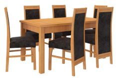 Ensemble table extensible 140/180 cm et 6 chaises en bois clair de hêtre et tissu noir Valka