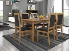 Ensemble table extensible 140/180 cm et 6 chaises en bois naturel et tissu noir Klarika