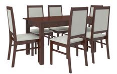 Ensemble table extensible 140/180 cm et 6 chaises en bois Noyer foncé et tissu beige clair Klarika