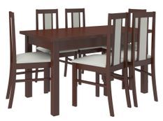 Ensemble table extensible 140/180 cm et 6 chaises en bois Noyer foncé et tissu beige clair Louiza