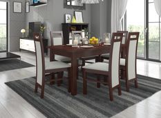 Ensemble table extensible 140/180 cm et 6 chaises en bois Noyer foncé et tissu beige clair Mouka