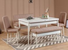 Ensemble table extensible 2 chaises et 2 bancs bois blanc et tissu beige Mariva