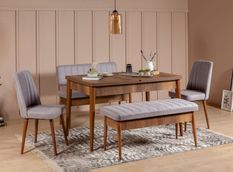 Ensemble table extensible 2 chaises et 2 bancs bois marron et tissu gris Mariva