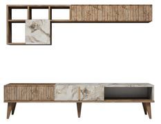 Esemble meuble TV en bois noyer et blanc effet marbre Roma 180 cm