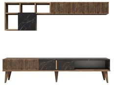 Esemble meuble TV en bois noyer et noir effet marbre Roma 180 cm