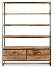 Etagère 4 niveaux 4 tiroirs bois d'acacia clair et acier vieilli Kadone 145 cm