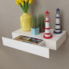 Étagère murale avec 1 tiroir MDF Blanc Rangement de livres 2