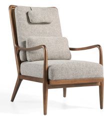 Fauteuil contemporain noyer massif et tissu beige Nouma