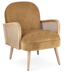 Fauteuil DALIDA – Bois naturel & rotin, assise velours jaune moutarde