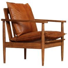 Fauteuil en cuir véritable marron avec structure en bois d'acacia Kliva