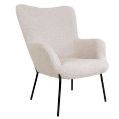 Fauteuil lounge GLASGOW – Tissu bouclette blanc & piétement en métal noir