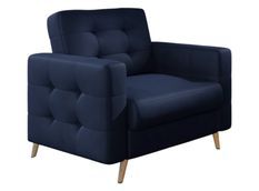 Fauteuil matelassé velours bleu marine et bois clair Anska