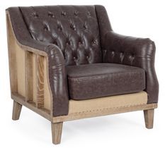 Fauteuil simili cuir marron et pieds en bois Ray