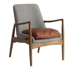 Fauteuil tissu gris coussin cuir marron et pieds pin massif clair Pierig