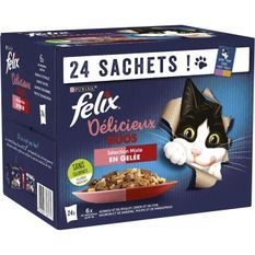 FELIX Tendres Effilés en Gelée Délicieux Duos Viandes Poissons - 24 x 85 g - Sachets fraîcheur pour chat adulte