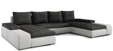 Grand canapé convertible panoramique design tissu gris chiné et simili cuir blanc avec coffre de rangement Tino 363 cm