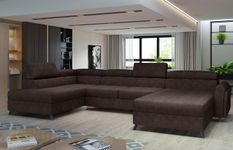 Grand canapé panoramique convertible tissu marron avec coffre Konba 370 cm