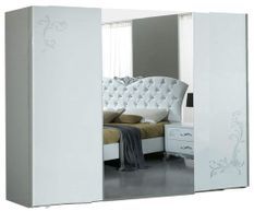Grande armoire de chambre 3 portes coulissantes bois laqué blanc et argent Dany 270 cm