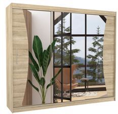 Grande armoire de chambre à coucher 3 portes coulissantes bois clair et miroir Douko 250 cm