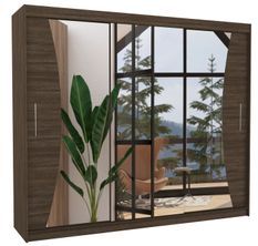 Grande armoire de chambre à coucher 3 portes coulissantes bois foncé et miroir Douko 250 cm