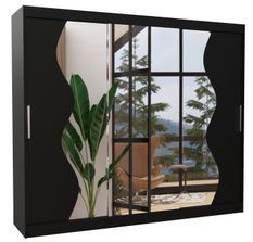 Grande armoire de chambre à coucher 3 portes coulissantes noir et miroir biseauté Kola 250 cm