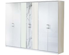 Grande armoire de chambre design 6 portes battantes bois blanc laqué et effet marbre Krystal 270 cm