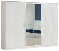 Grande armoire de chambre design 6 portes battantes bois laqué blanc Turin 272 cm