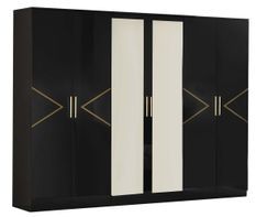 Grande armoire de chambre design 6 portes battantes bois noir laqué et métal doré Diamanto 270 cm