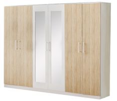 Grande rrmoire de chambre 6 portes battantes bois blanc brillant et bois naturel mat Dova 242 cm