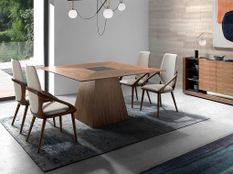 Grande table carrée noyer avec verre teinté noir Matega 150 cm - Finition haut de gamme