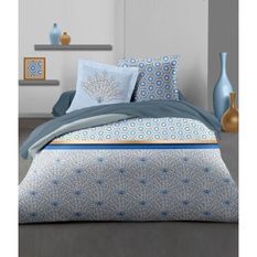 HOME LINGE PASSION Parure de couette Louxor - 1 housse de couette 220 x 240 cm + 2 taies 65 x 65 cm - Bleu et blanc