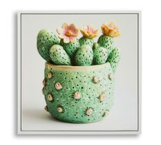 Impression sur toile laquée avec cadre, motif cactus en pot -h- 40 x 2,8 x 40 cm