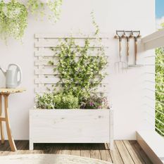 Jardinière avec support blanc 79x39,5x114 cm bois de pin massif