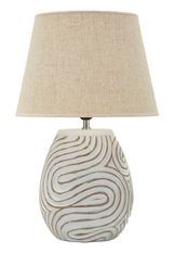 Lampe de table design pied résine gravé et abat-jour gris clair OBLIX