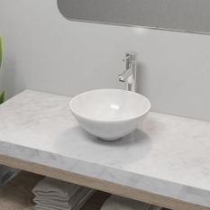 Lavabo de salle de bain avec mitigeur Céramique Rond Blanc 2
