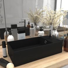 Lavabo de salle de bain avec trop-plein Céramique Noir mat