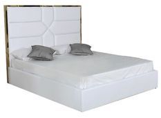 Lit 140x190 cm avec coffre de rangement et tête de lit simili blanc et laiton Delhie
