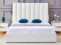 Lit 160x200 cm avec coffre de rangement et tête de lit simili blanc et laiton Pika