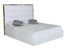 Lit 180x200 cm avec coffre de rangement et tête de lit simili blanc et laiton Delhie