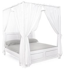 Lit à baldaquin KOLITA 160x200 – Bois massif blanc patiné & rideaux