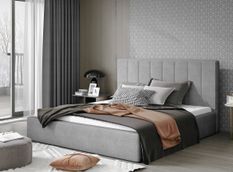 Lit adulte avec coffre de rangement VAREZA – Tissu matelassé